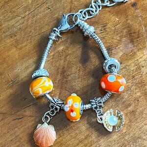 Pandora style Charm Bracelet with Lampwork Orange Beads So Cute Adjustable